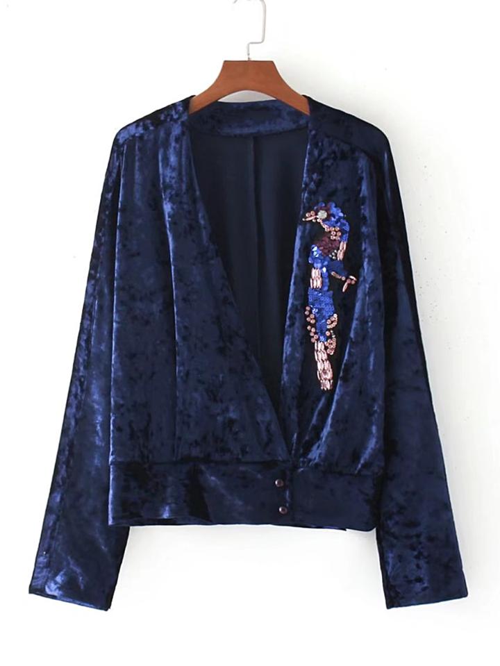 Romwe Sequin Detail Plunge Neckline Crushed Velvet Top