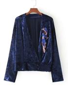 Romwe Sequin Detail Plunge Neckline Crushed Velvet Top