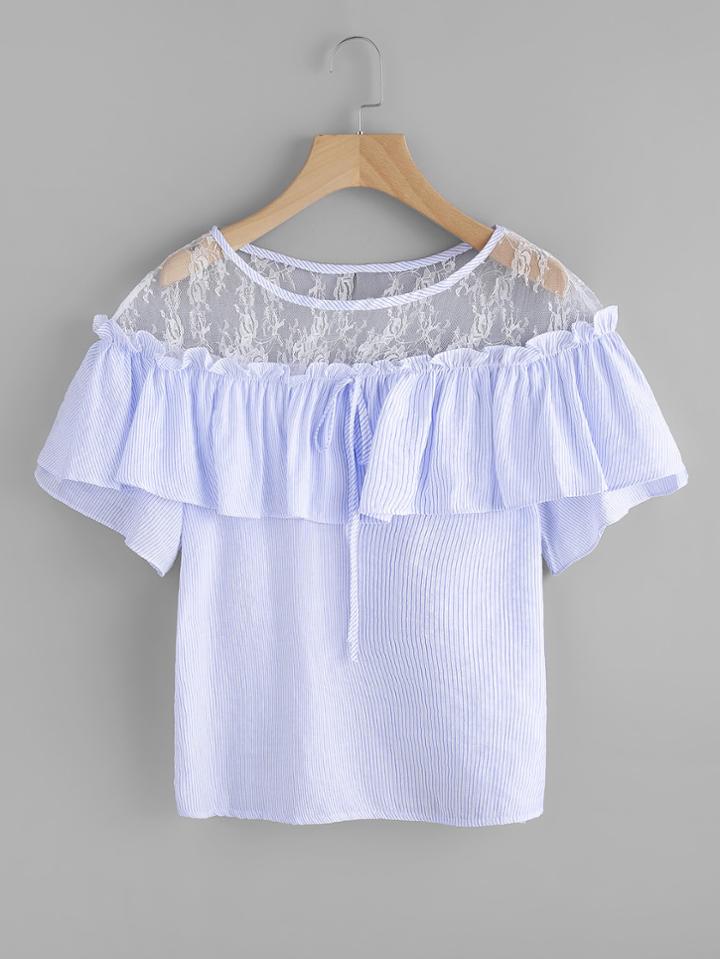 Romwe Lace Insert Pinstriped Frill Detail Blouse