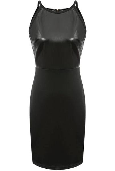 Romwe Spaghetti Strap Contrast Pu Leather Dress