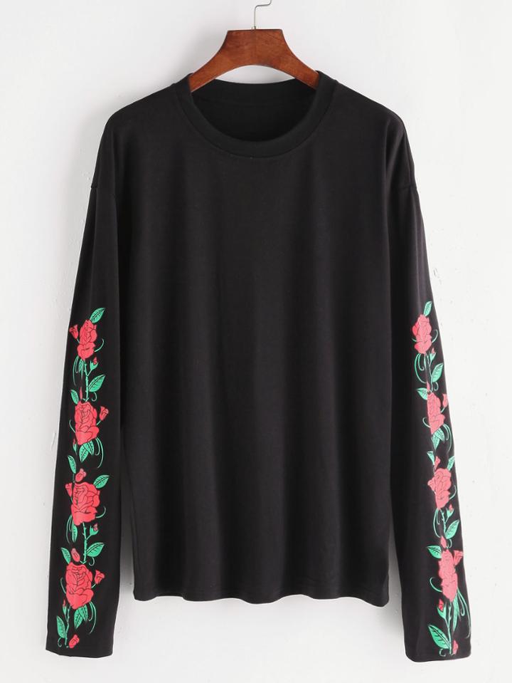 Romwe Black Florals Drop Shoulder T-shirt
