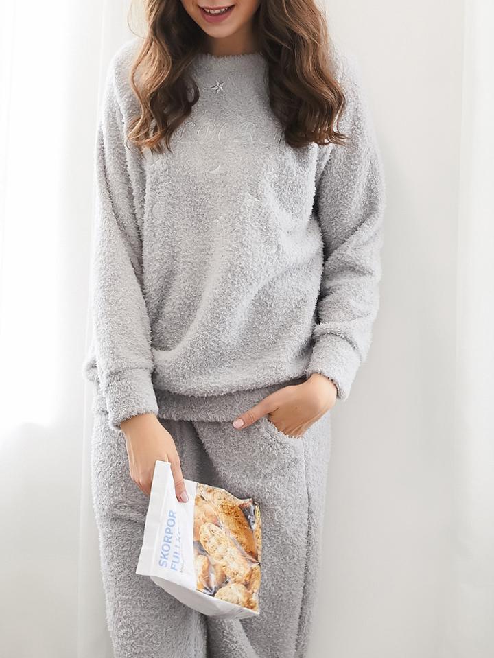Romwe Embroidered Plush Pullover & Pants Pj Set