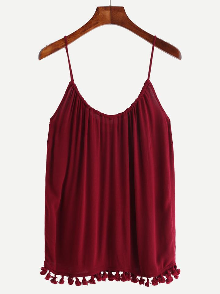 Romwe Burgundy Tassel Trim Cami Top
