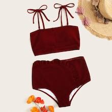 Romwe Tie Shoulder Top With Frilled High Waist Bikini Set