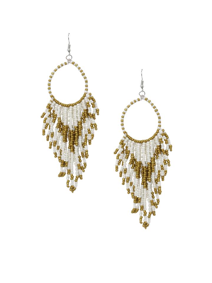 Romwe Beaded Fringe Drop Earrings - White