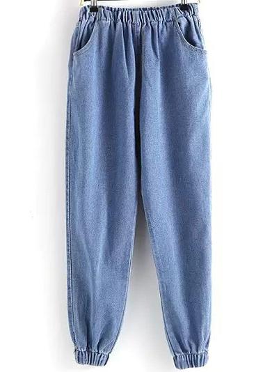 Romwe Elastic Waist Denim Blue Pant
