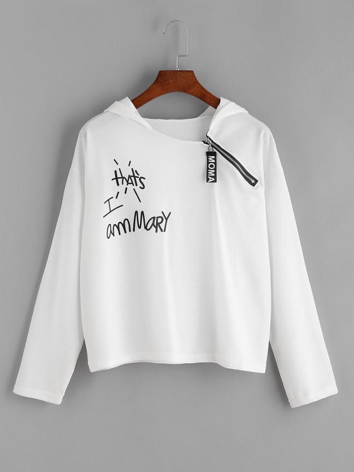 Romwe Hooded Letter Print Side Zip Sweatshirt