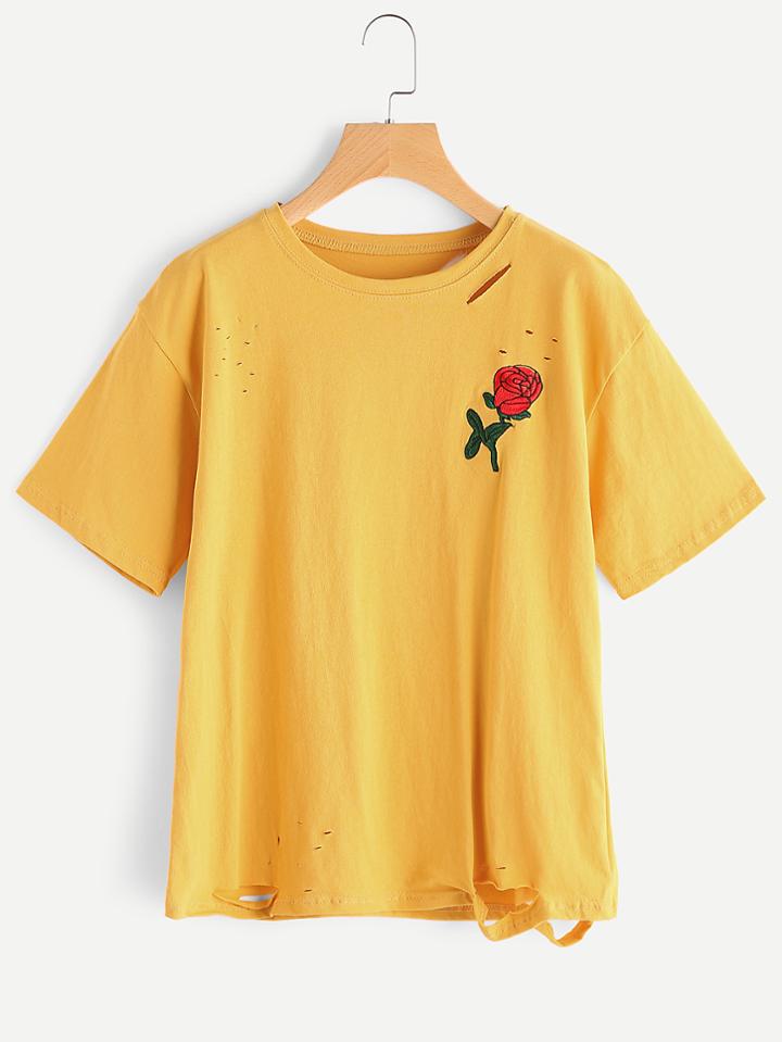 Romwe Rose Embroidered Ripped T-shirt