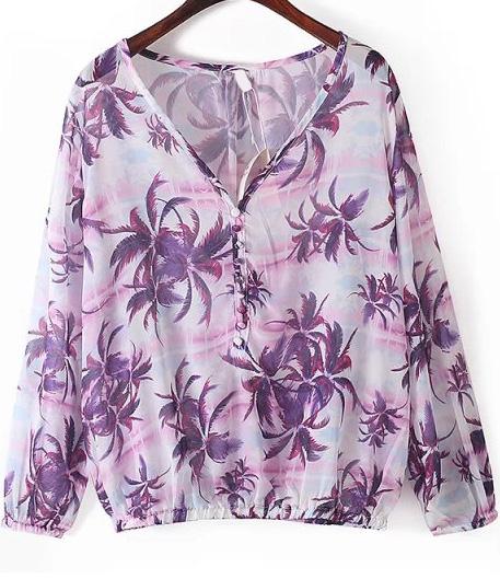 Romwe V Neck Floral Chiffon Purple Blouse