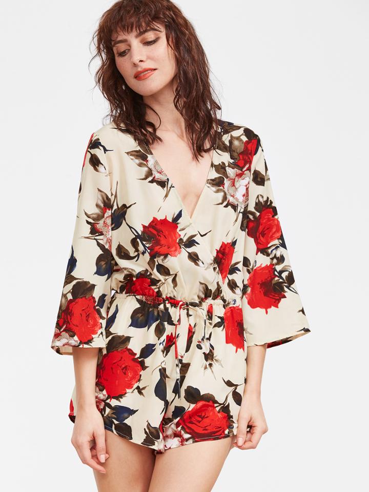 Romwe Multicolor Rose Print Surplice Front Drawstring Waist Romper