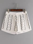 Romwe Embroidered Sequin Drawstring Shorts - White