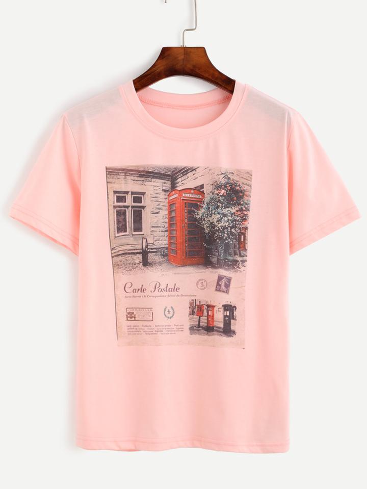 Romwe Pink Graphic Print T-shirt
