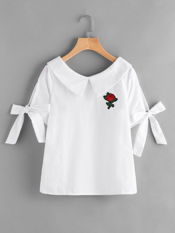 Romwe Sailor Collar Rose Patch Bow Tie Sleeve Blouse