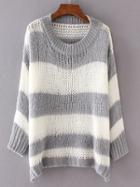 Romwe Grey Contrast Wide Striped Drop Shoulder Sweater