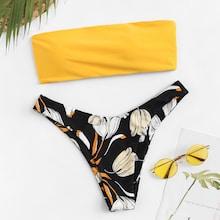 Romwe Lace-up Bandeau With Random Floral High Cut Bikini