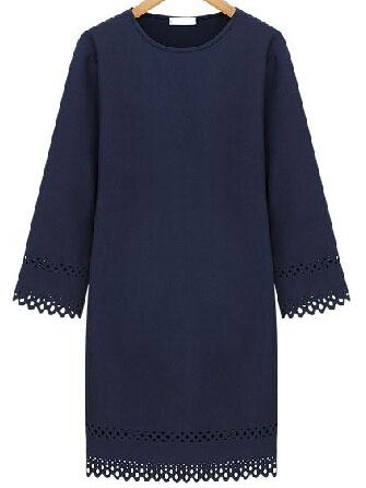Romwe Eyelet Trim Long Sleeve Shift Dress - Navy