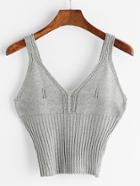 Romwe Grey Deep V Neck Ribbed Knitted Tank Top