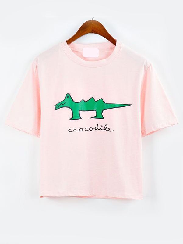 Romwe Pink Crocodile Print Drop Shoulder T-shirt