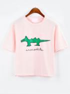 Romwe Pink Crocodile Print Drop Shoulder T-shirt
