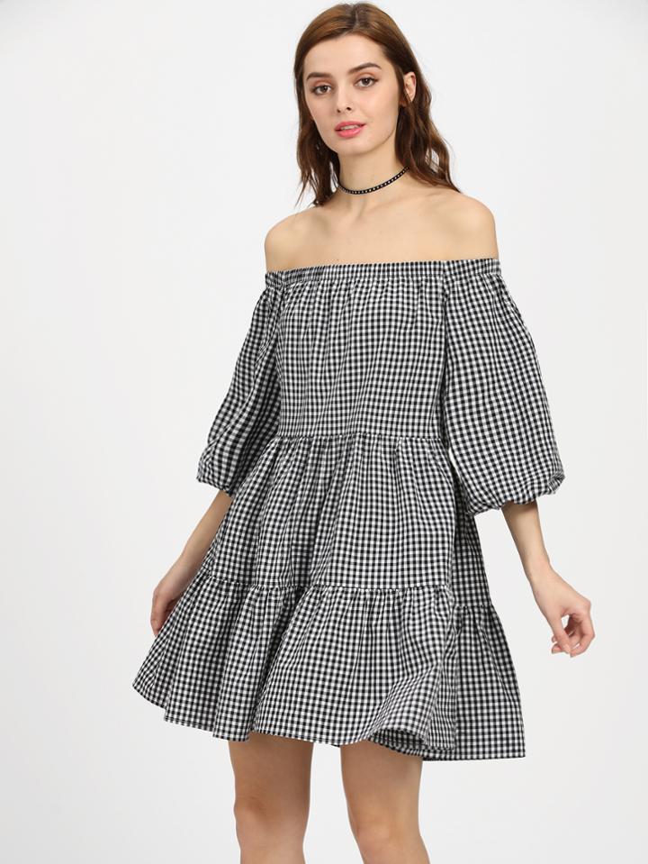 Romwe Lantern Sleeve Tiered Gingham Bardot Dress