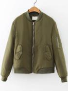 Romwe Army Green Quilted Flight Jacket With Zipper