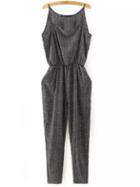 Romwe Black Print Pockets Elastic Waist Spaghetti Strap Jumpsuit