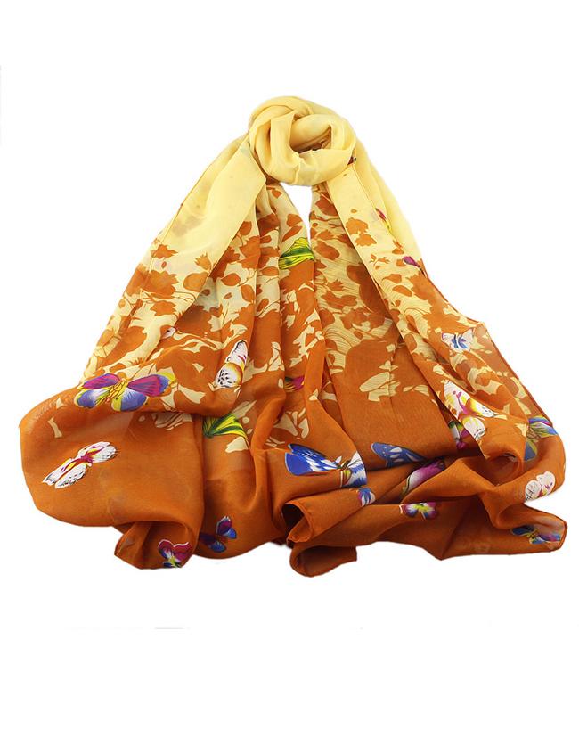 Romwe Coffee Chiffon Butterfly Printed Scarf