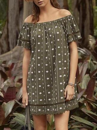 Romwe Olive Green Dot Print Off The Shoulder Dress