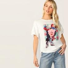 Romwe 3d Appliques Beaded Bow Detail Figure Print Top