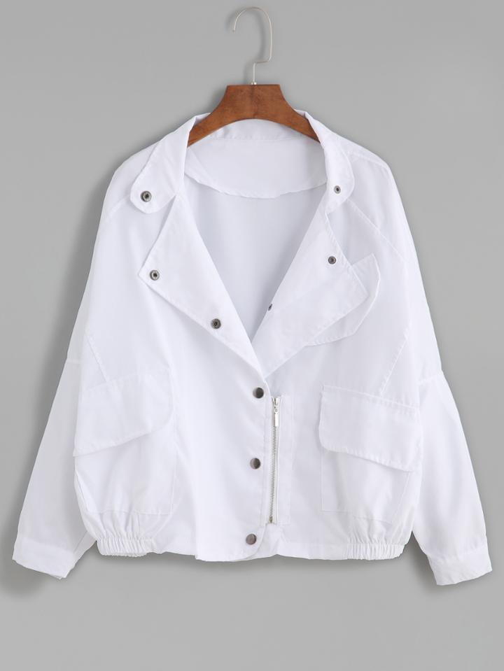 Romwe White Raglan Sleeve Button Front Elastic Hem Jacket