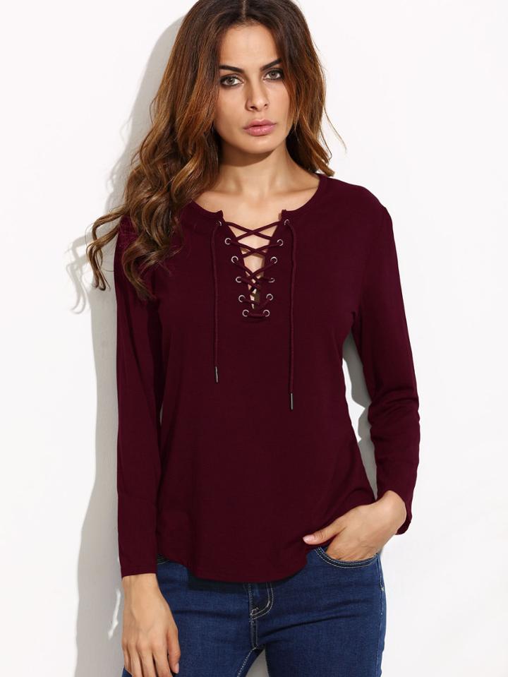 Romwe Lace Up V Cut Curved Hem T-shirt