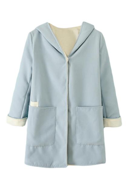 Romwe Pocketed & Hoodied Light Blue Coat