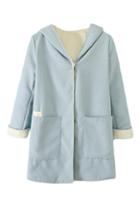 Romwe Pocketed & Hoodied Light Blue Coat