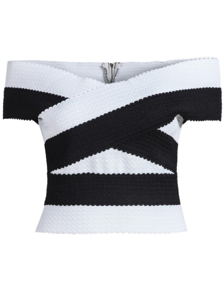 Romwe Black White Off The Shoulder Slim Blouse