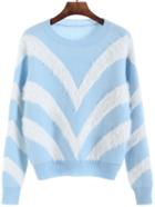 Romwe Round Neck Striped Blue And White Sweater