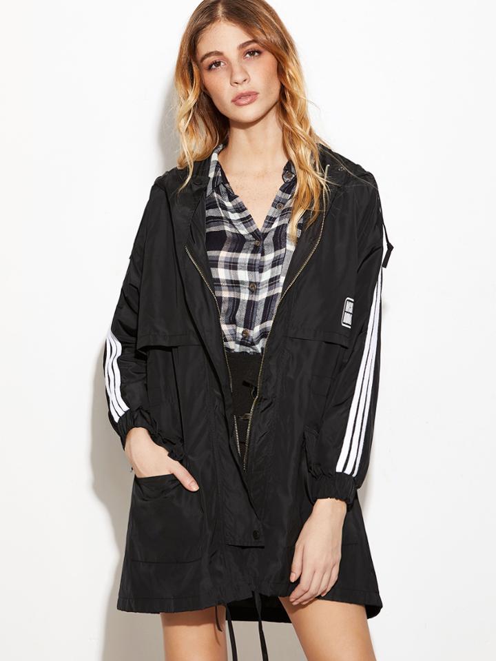 Romwe Black Printed Striped Side High Low Drawstring Hooded Coat