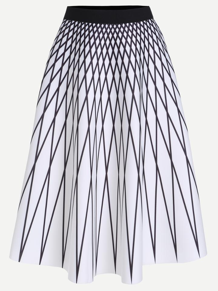 Romwe White Contrast Waistband Geo Print A Line Skirt