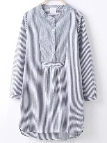 Romwe Black And White Vertical Striped High Low Shirt Dress