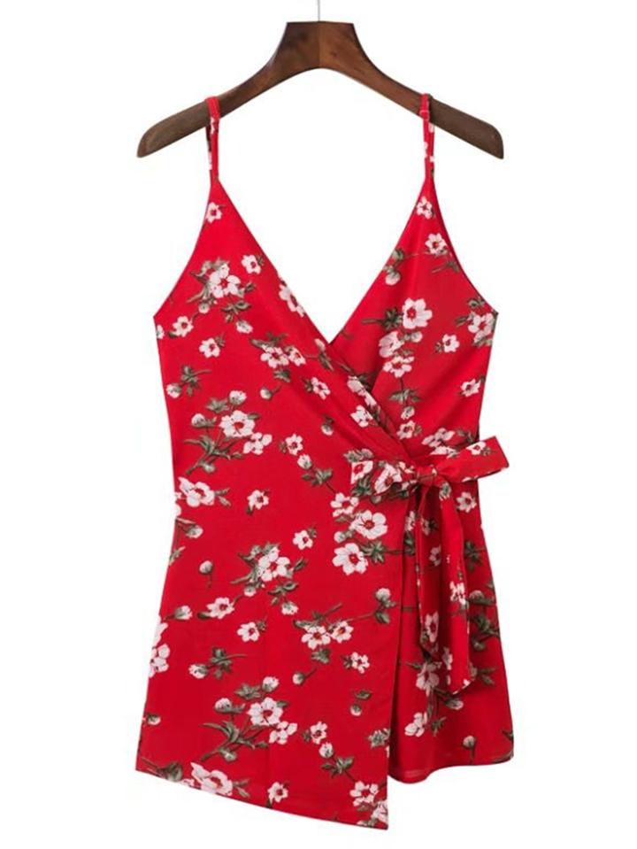 Romwe Cami Straps Floral Warp Playsuit