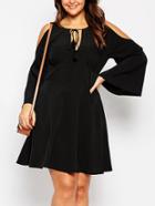 Romwe Bell Sleeve Open Shoulder Skater Black Dress