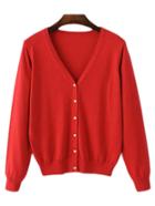 Romwe Red V Neck Buttons Front Cardigan Knitwear