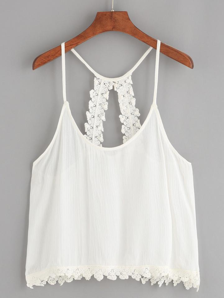 Romwe White Hollow Out Crochet Racerback Crepe Cami Top