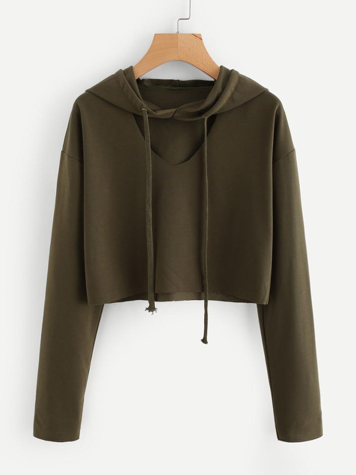 Romwe Hooded V Cut Crop Sweatshirt
