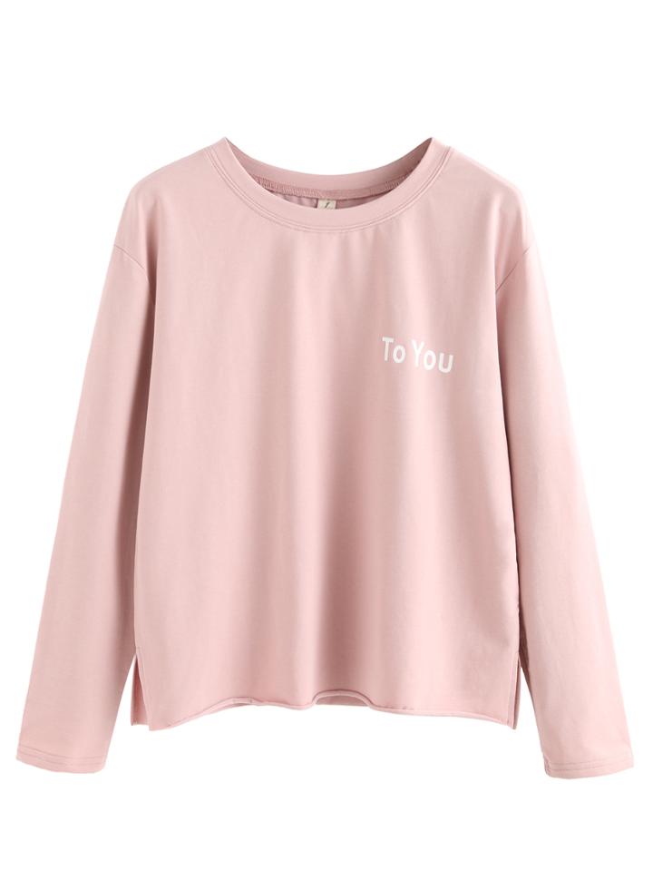 Romwe Pink Letter Print Long Sleeve T-shirt