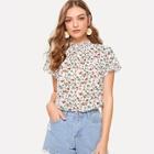 Romwe Frilled Neck Flutter Sleeve Botanical Top