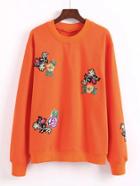 Romwe Flower Embroidery Sequin Detail Sweatshirt