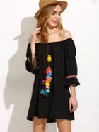 Romwe Black Off The Shoulder Tassel And Woven Tape Dress