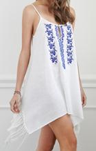 Romwe Spaghetti Strap With Tassel Embroidered White Dress