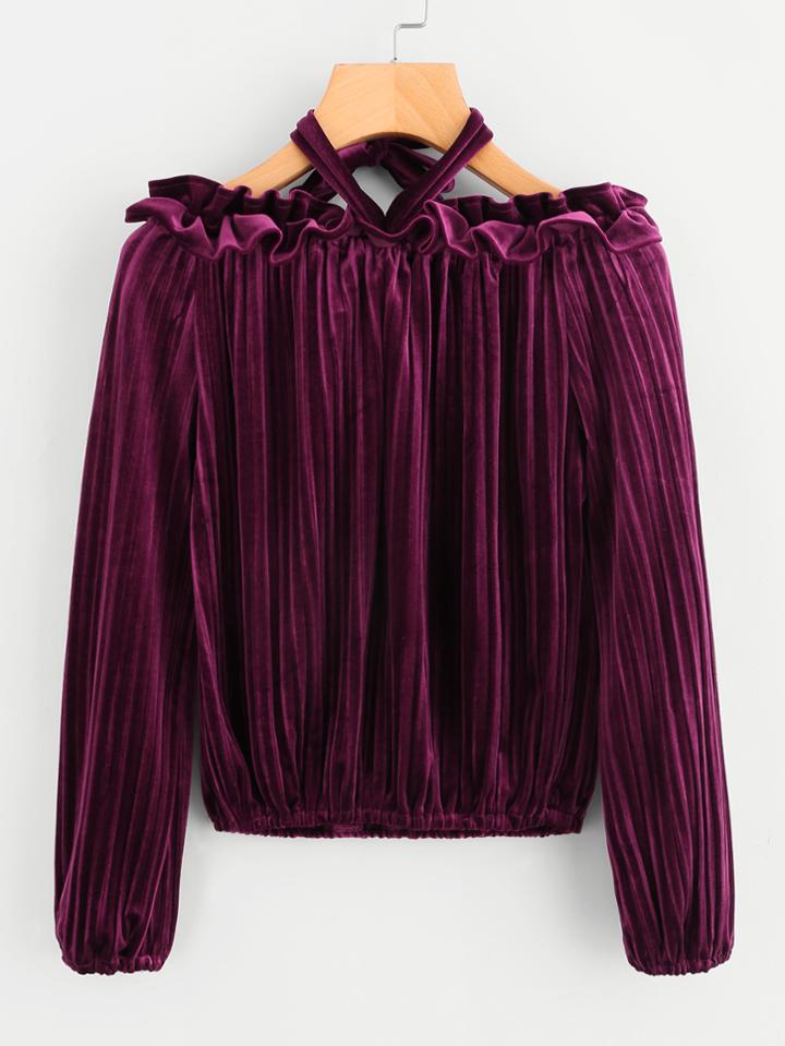 Romwe Open Shoulder Frill Trim Pleated Velvet Tee