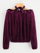 Romwe Open Shoulder Frill Trim Pleated Velvet Tee